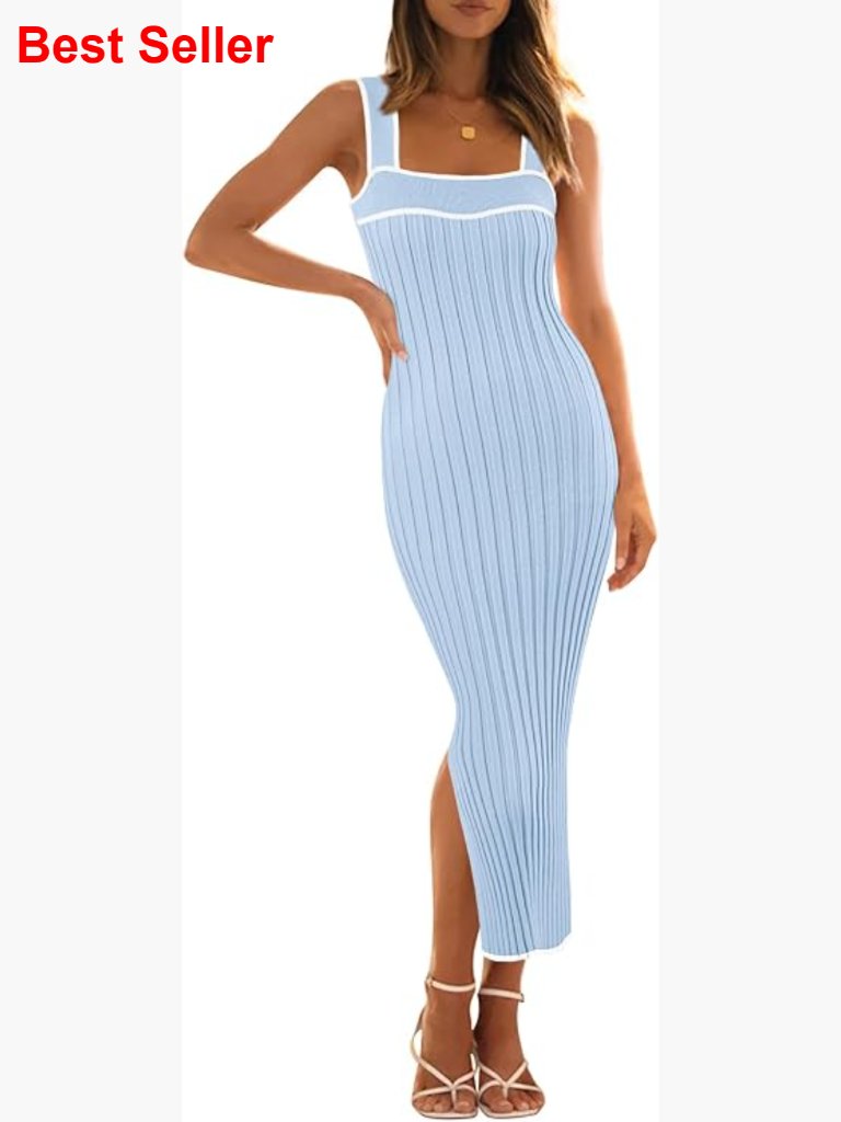 Sleeveless Striped Bodycon Midi Dress Square Neck Ribbed Knit Baby Shower